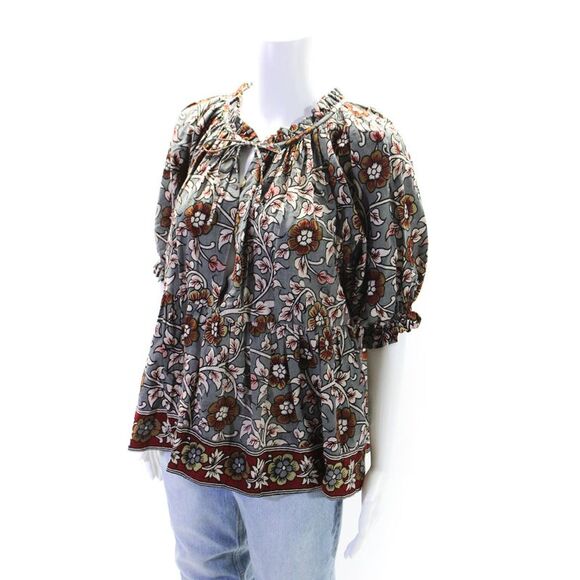 Charlie Joe Womens Tie Neck Floral Short Sleeve Top Blouse Gray Brown Size Small - Picture 2 of 4